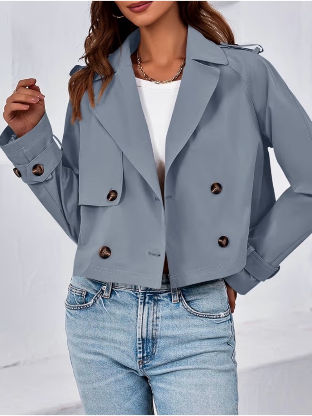 Cropped Double-Breasted Women's Trench Jacket - Slate Blue